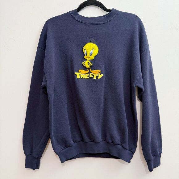 Vintage Looney Tunes Tweety Bird Patch Navy Blue Crewneck Sweater Unisex Medium - Picture 1 of 6